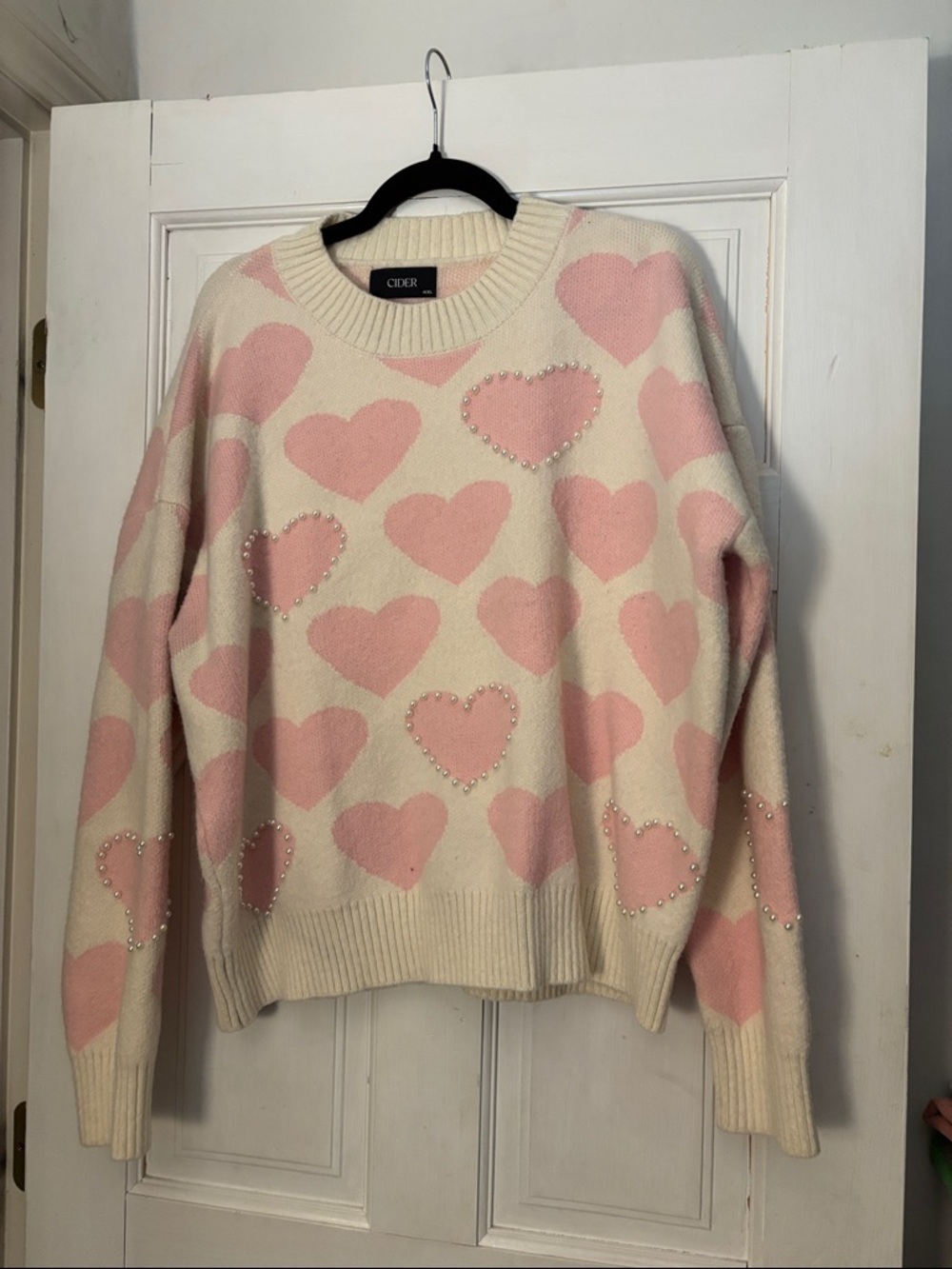 Cider Cream & Pink Pearl Heart Crewneck Sweater